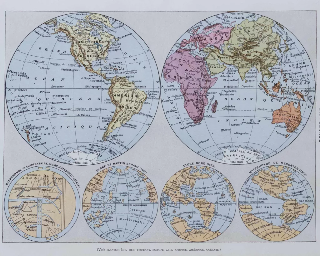 Mappemonde et pôles, planche cartographique 1930