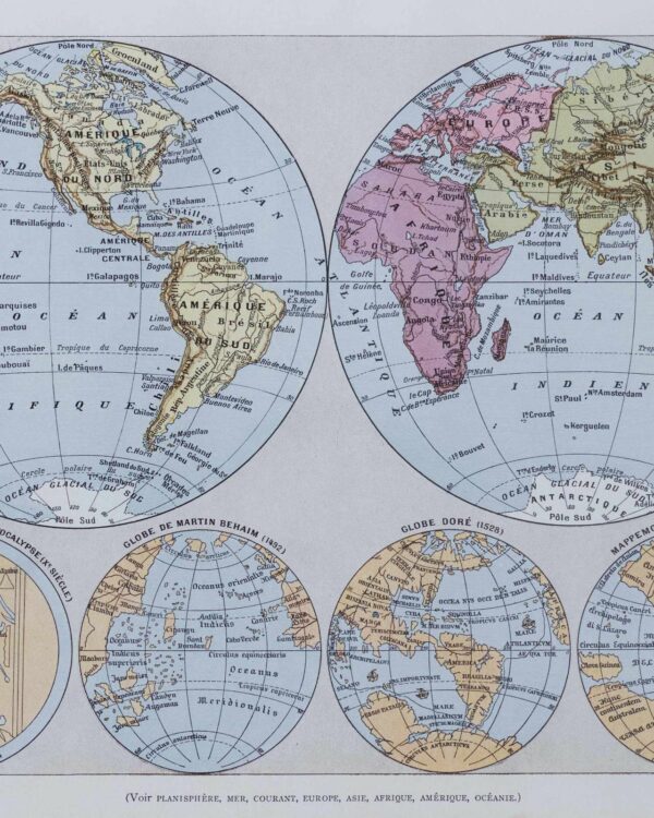 Mappemonde et pôles, planche cartographique 1930