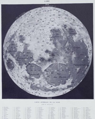 Lune et phases lunaires, planche astronomique 1930
