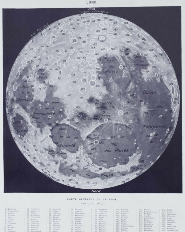 Lune et phases lunaires, planche astronomique 1930