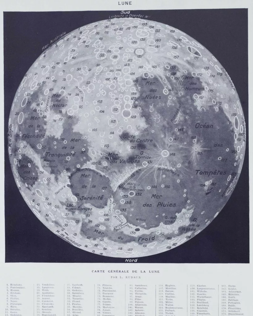 Lune et phases lunaires, planche astronomique 1930