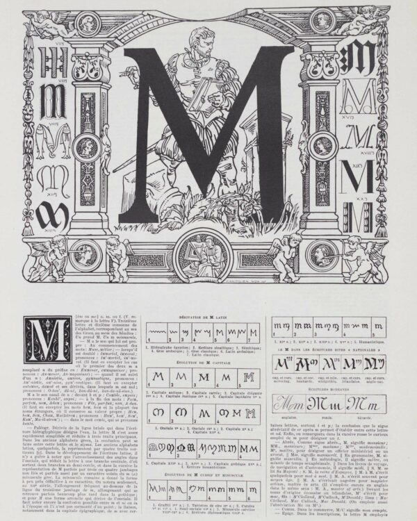 Lettre M, typographie et histoire de l’alphabet, planche 1930