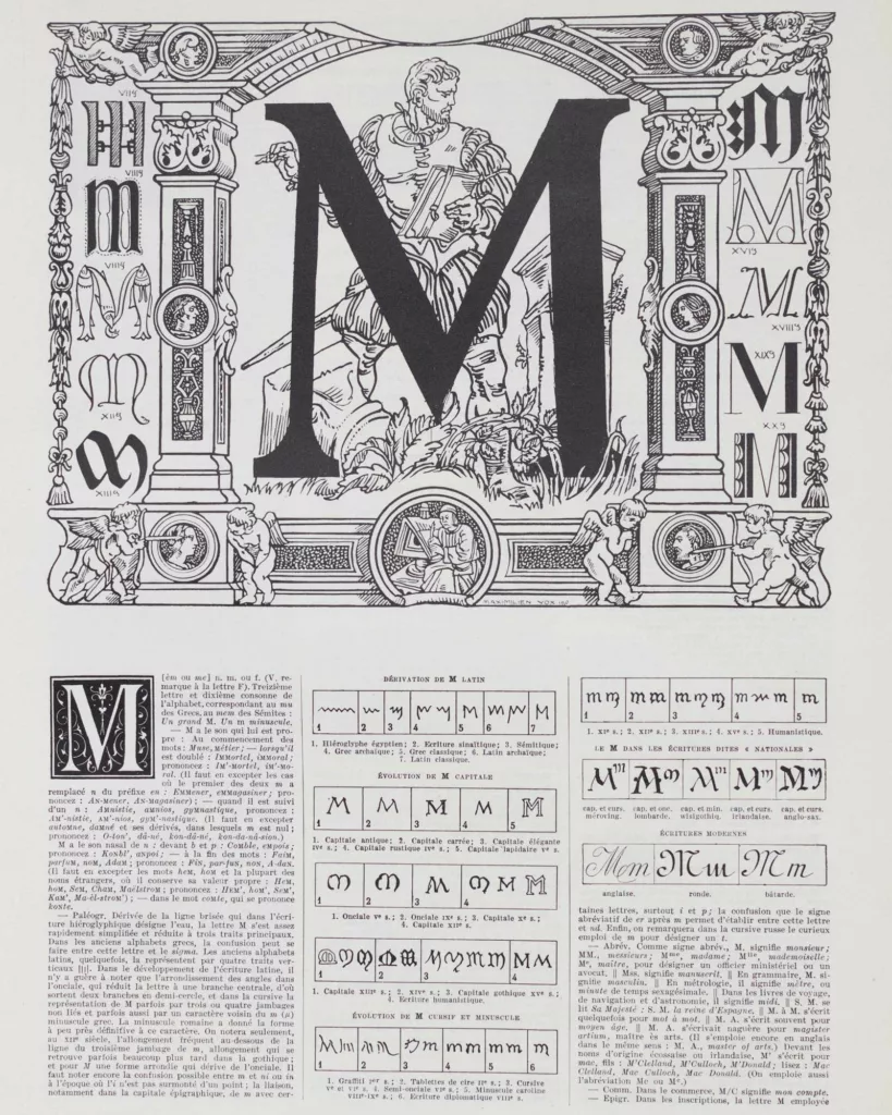 Lettre M, typographie et histoire de l’alphabet, planche 1930