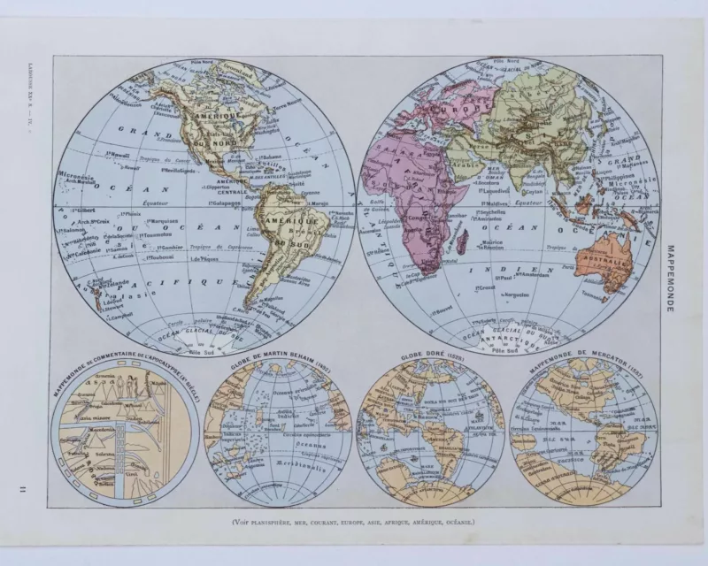 Mappemonde et pôles, planche cartographique 1930