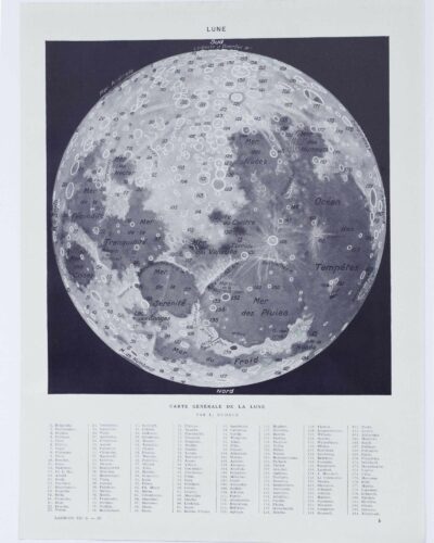 Lune et phases lunaires, planche astronomique 1930