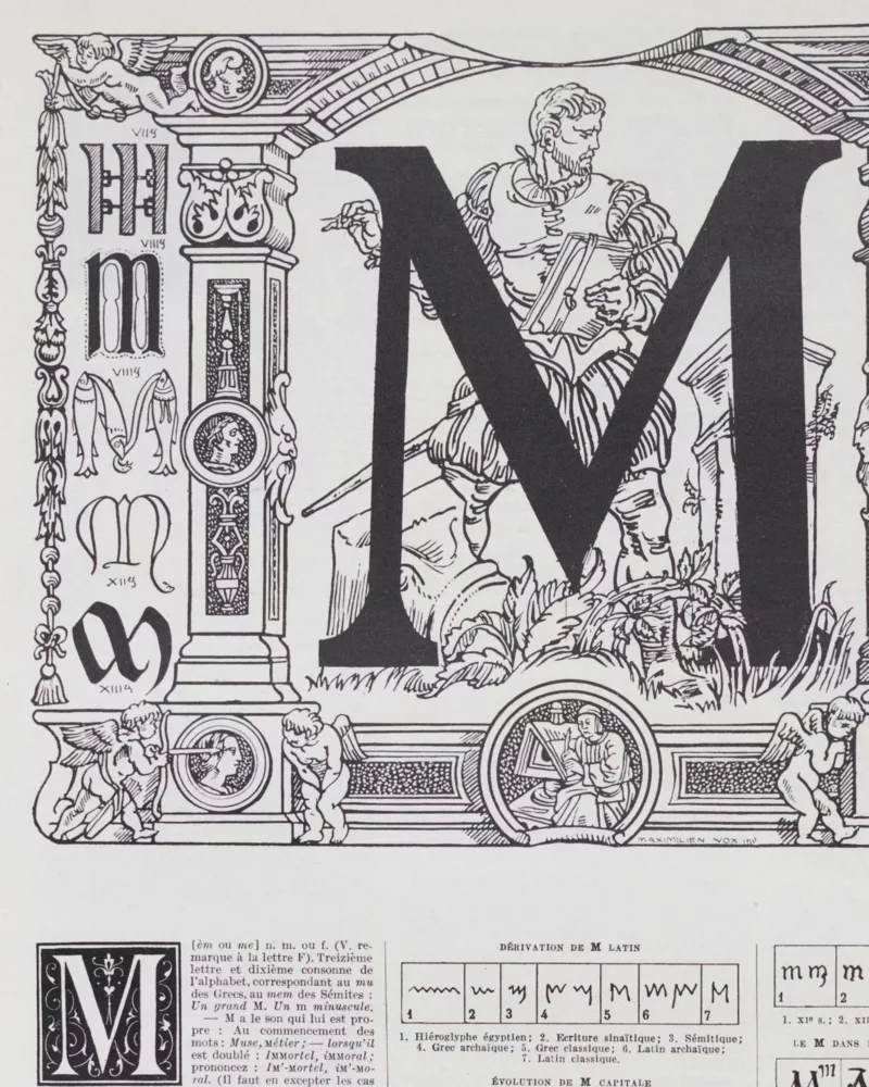 Lettre M, typographie et histoire de l’alphabet, planche 1930
