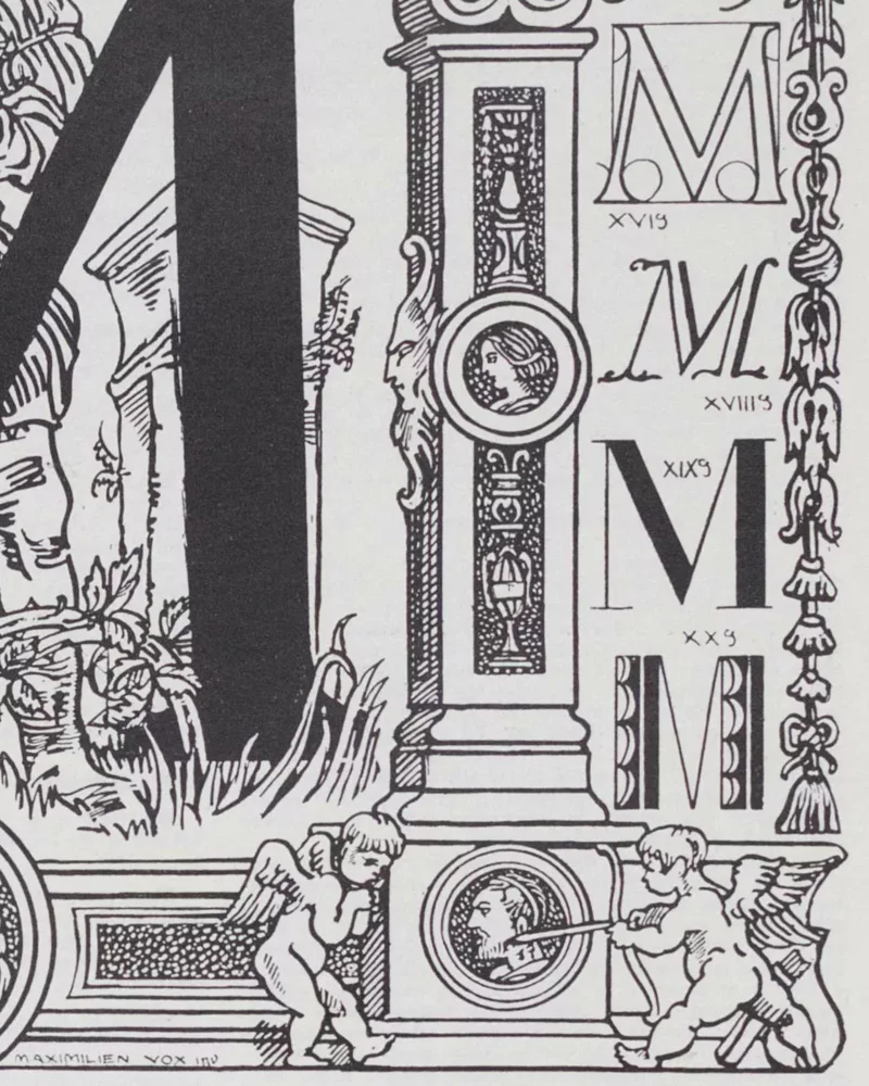 Lettre M, typographie et histoire de l’alphabet, planche 1930