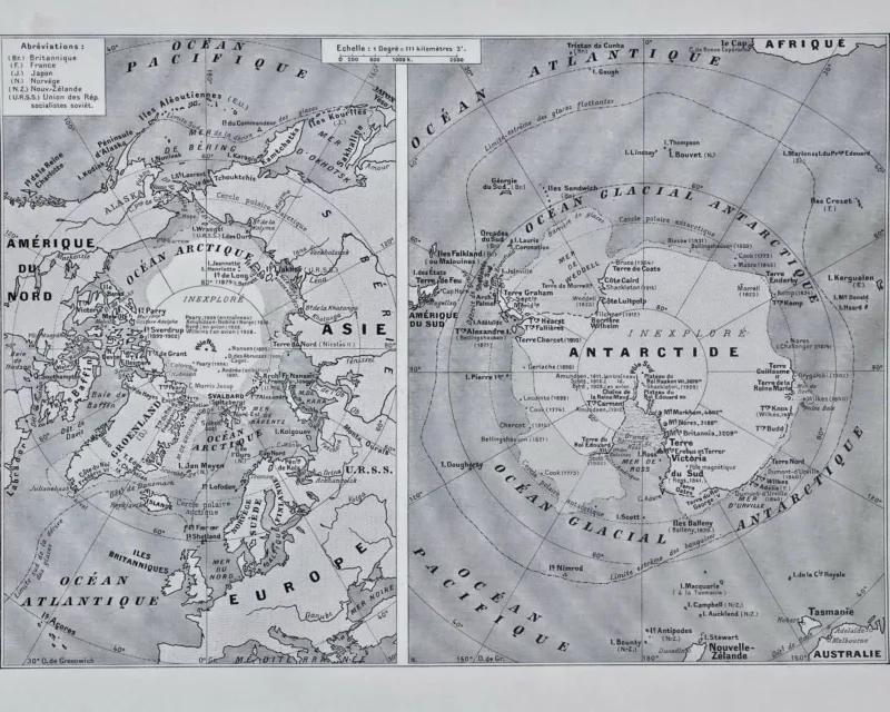 Mappemonde et pôles, planche cartographique 1930