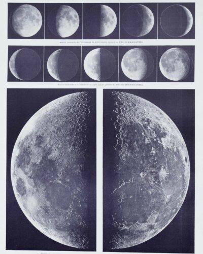 Lune et phases lunaires, planche astronomique 1930