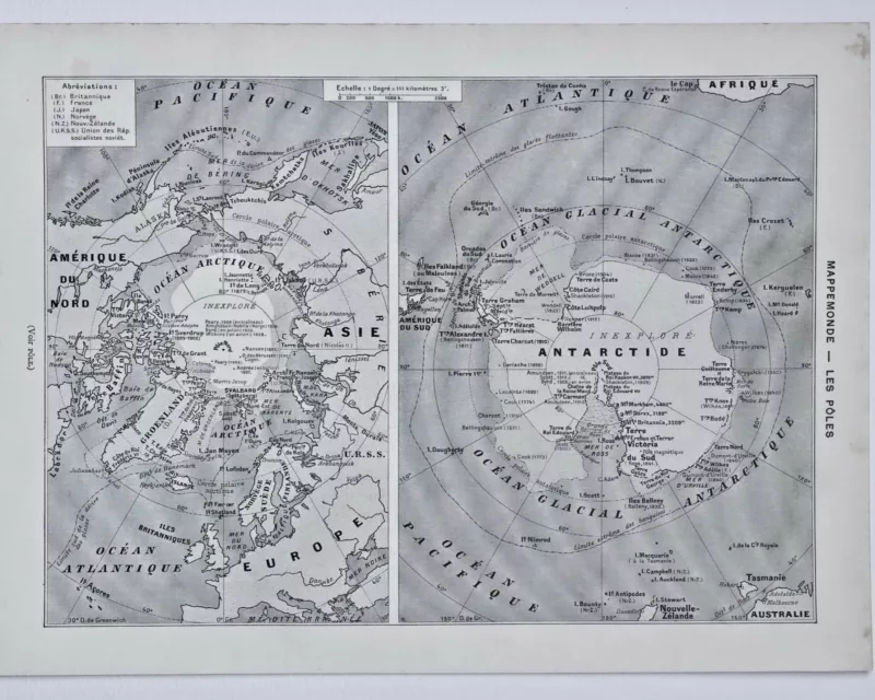 Mappemonde et pôles, planche cartographique 1930