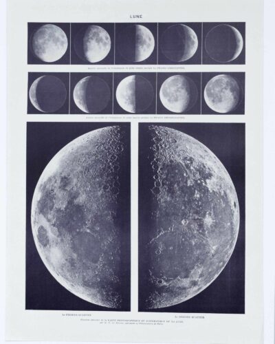 Lune et phases lunaires, planche astronomique 1930