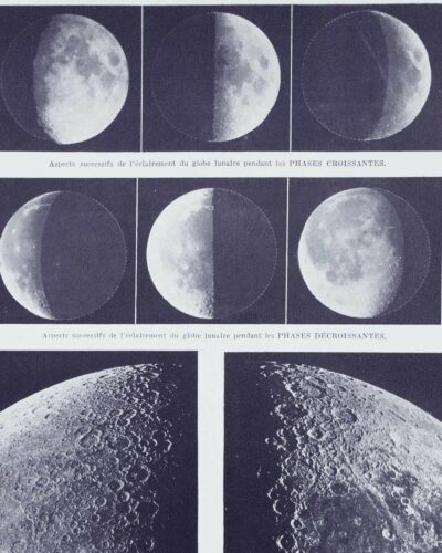Lune et phases lunaires, planche astronomique 1930
