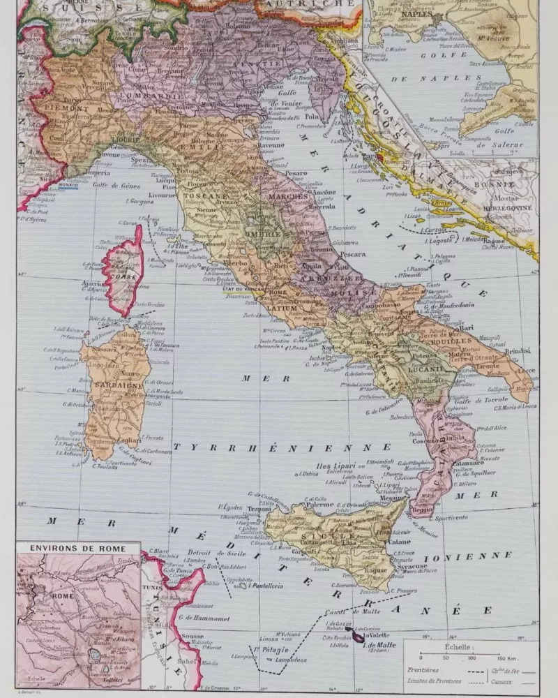A10-10 Italie, carte historique en couleurs, planche 1930 – planche ancienne entière