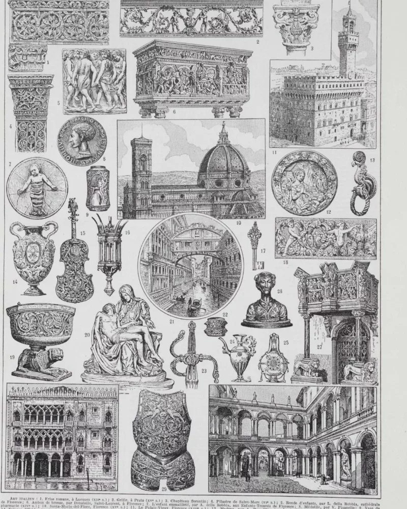 A10-11 Renaissance italienne, Michel-Ange, Donatello et Cellini, planche 1930 – planche ancienne entière