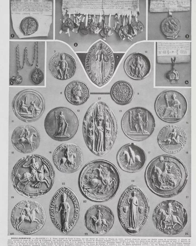 Sigillographie, 54 sceaux historiques, planche 1930 – planche ancienne entière