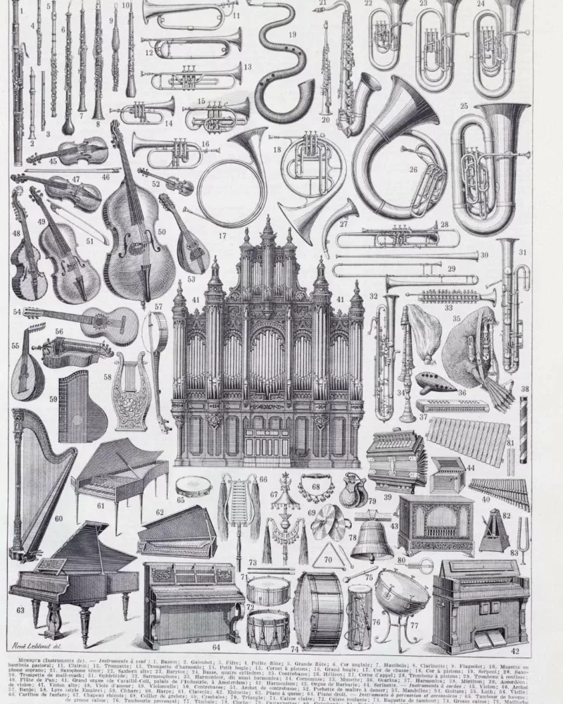 Instruments de musique, planche originale 1930 – planche ancienne entière
