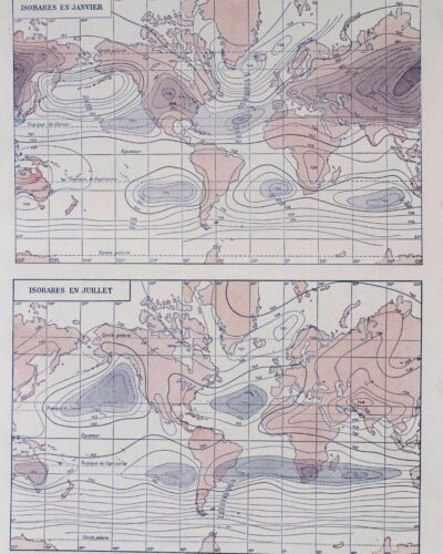 Climat du monde, isobares et isothermes, carte 1930