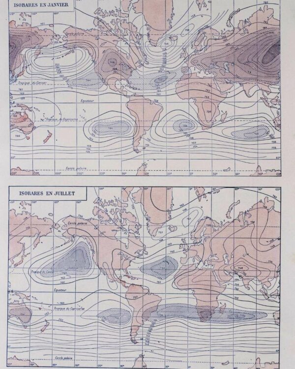 Climat du monde, isobares et isothermes, carte 1930