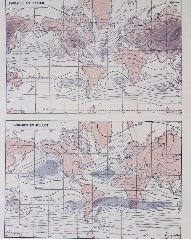 Climat du monde, isobares et isothermes, carte 1930