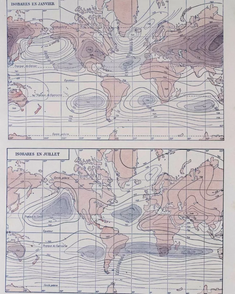 Climat du monde, isobares et isothermes, carte 1930