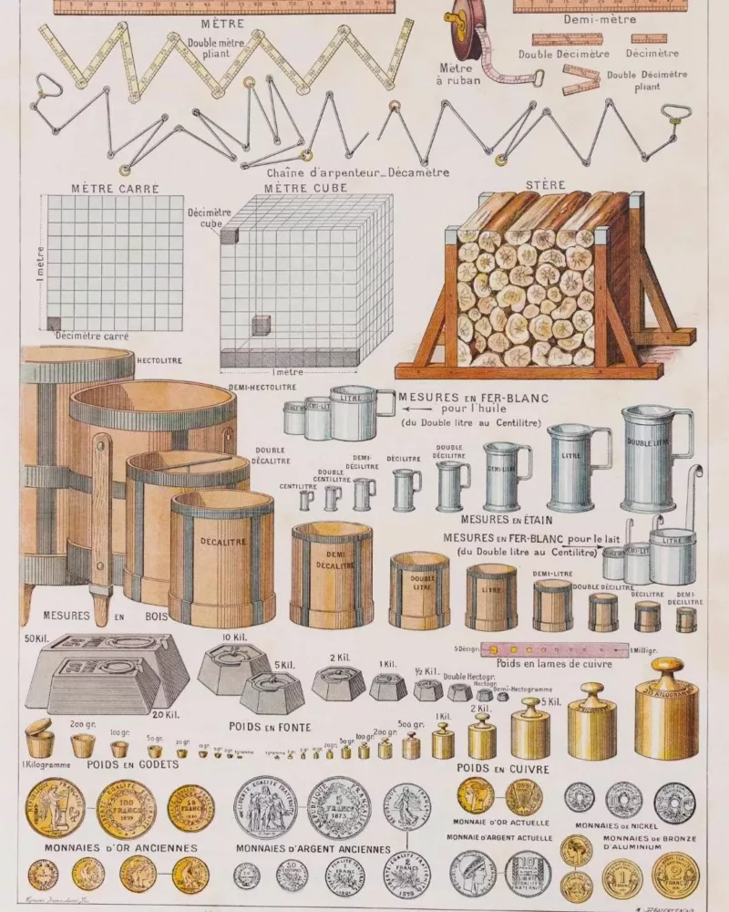 Système métrique, poids, mesures et monnaies, planche 1930 – planche ancienne entière