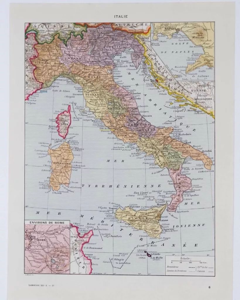 Italie, carte historique en couleurs, planche 1930