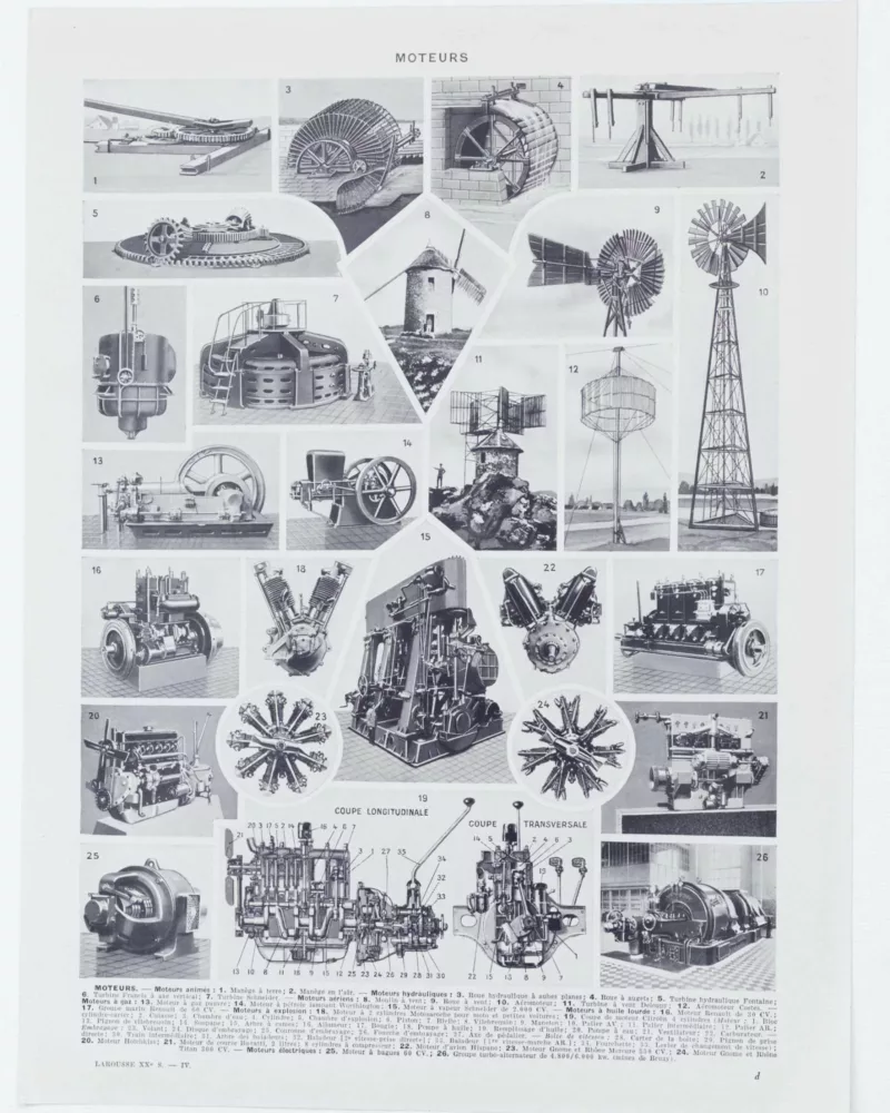 Moteurs industriels et motoculture, planche technique 1930 – planche ancienne entière