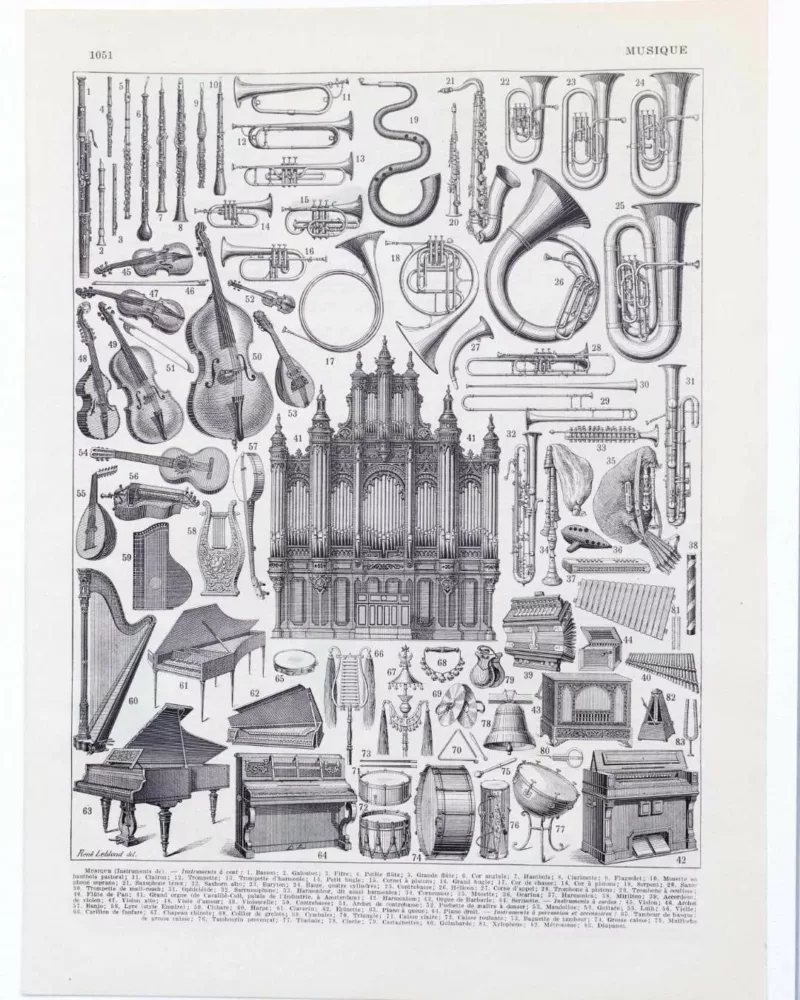 Instruments de musique, planche originale 1930 – planche ancienne entière