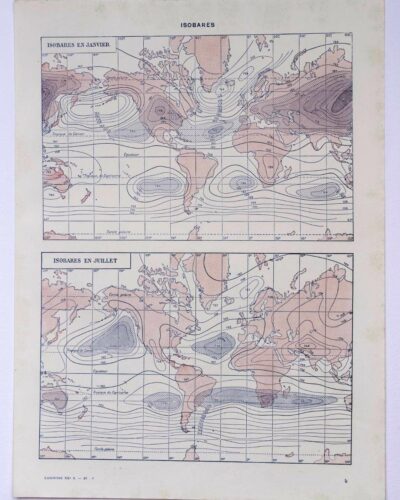 Climat du monde, isobares et isothermes, carte 1930