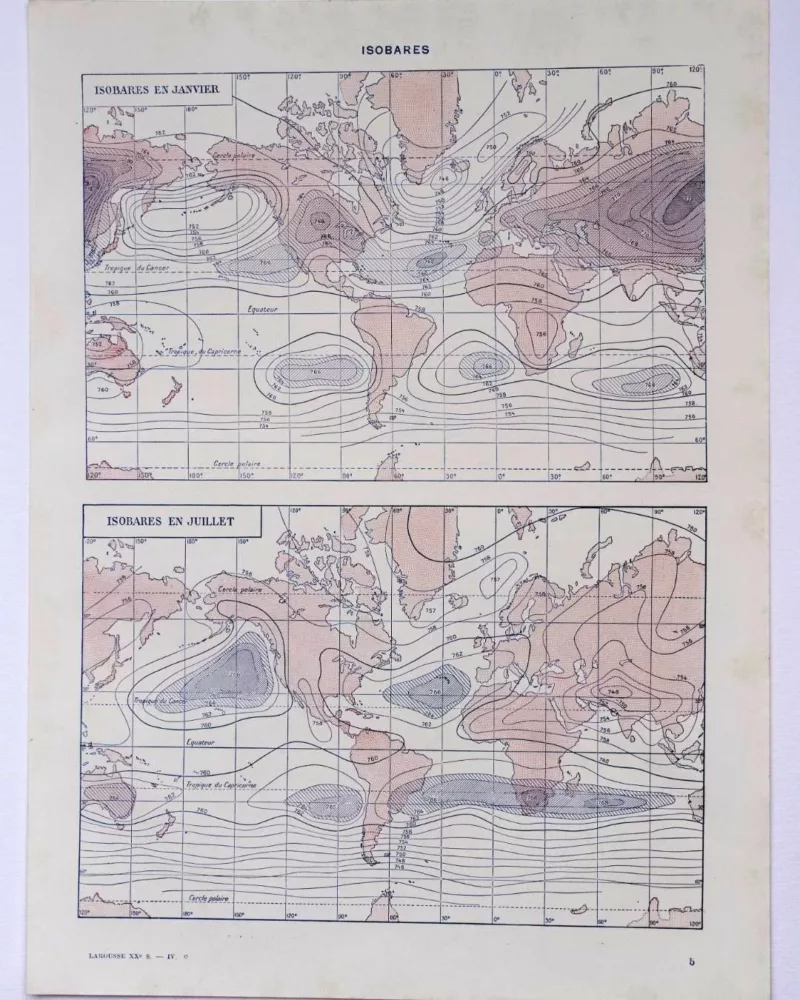 Climat du monde, isobares et isothermes, carte 1930 – planche ancienne entière