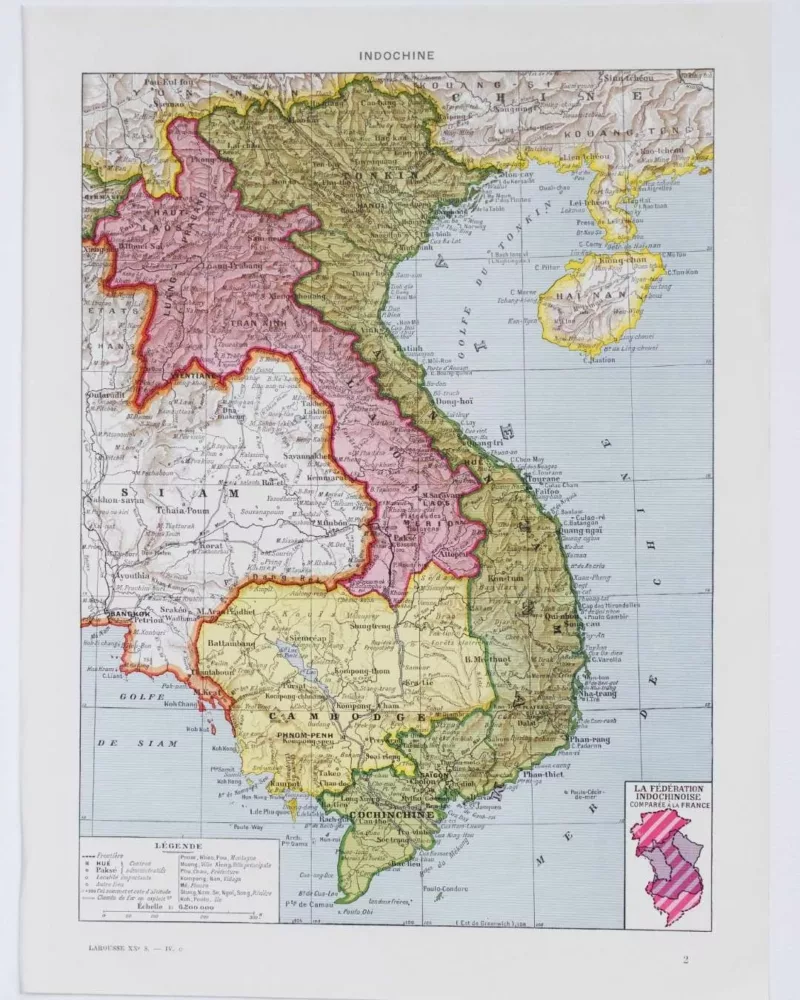 Indochine française, cartes et économie, planche 1930 – planche ancienne entière