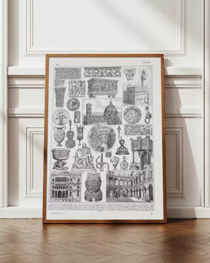 A12-10 Renaissance italienne, Michel-Ange, Donatello et Cellini, planche 1930 – planche encadrée en décoration murale