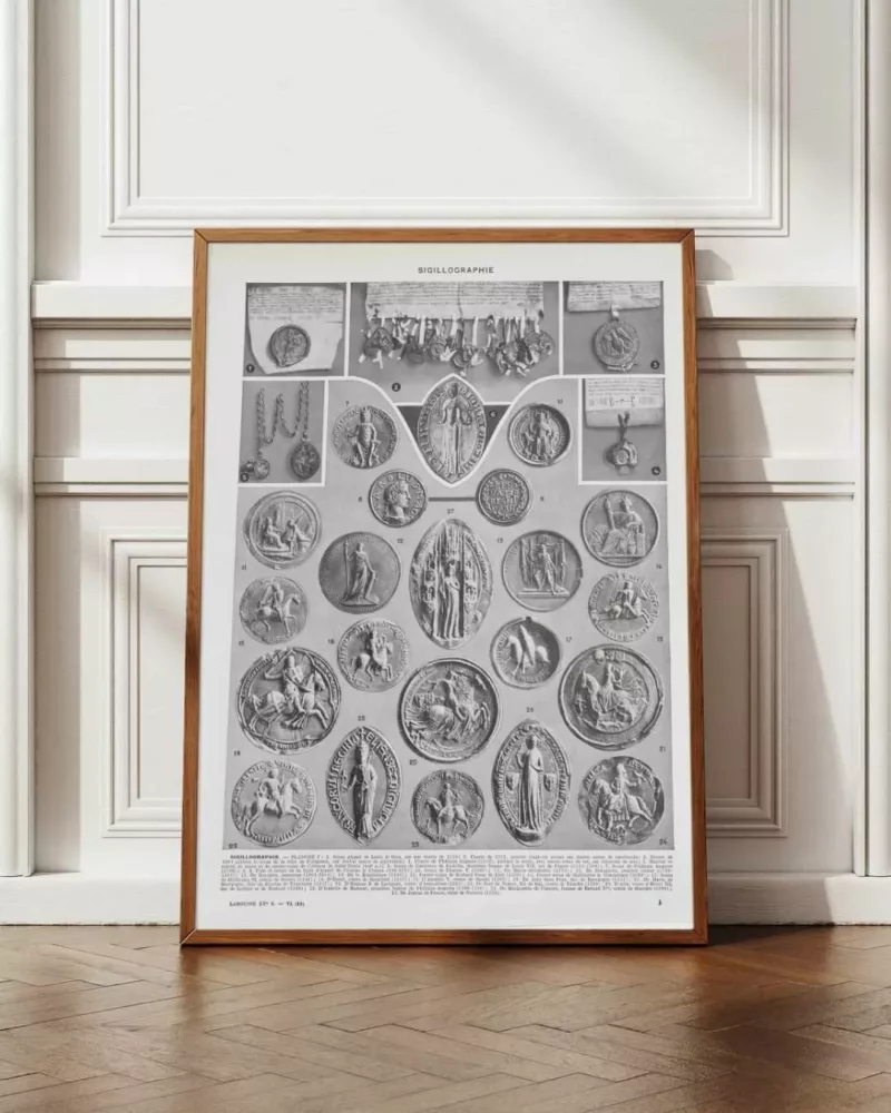 Sigillographie, 54 sceaux historiques, planche 1930 – planche encadrée en décoration murale