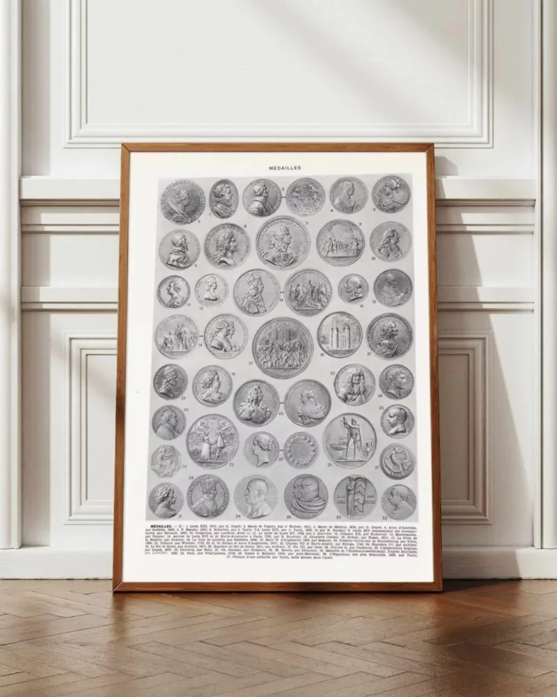 Médailles européennes XIVe-XXe siècle, planche 1930 – planche encadrée en décoration murale