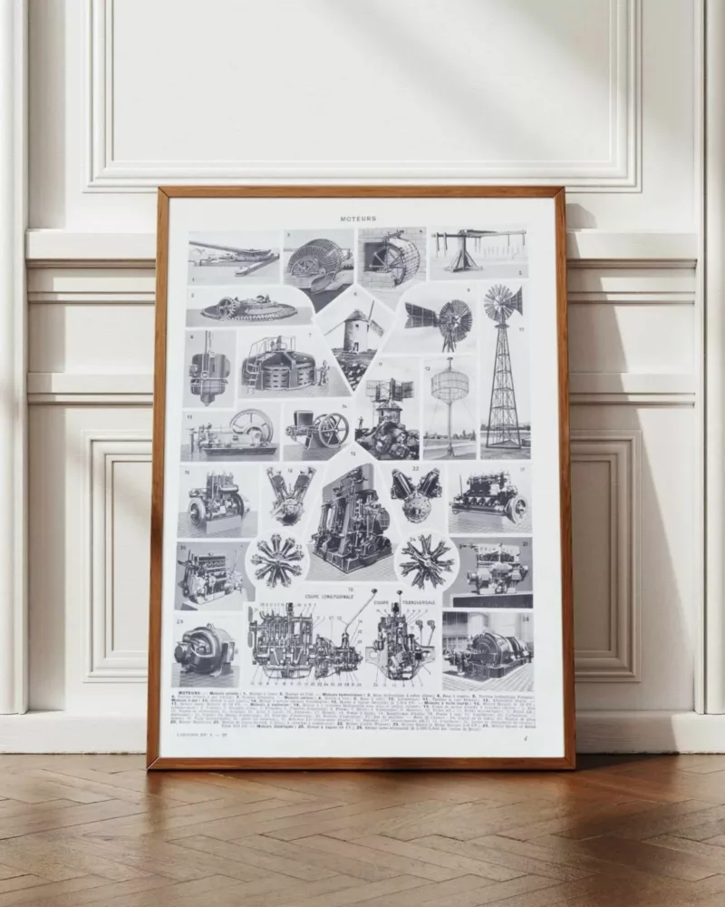 Moteurs industriels et motoculture, planche technique 1930 – planche encadrée en décoration murale