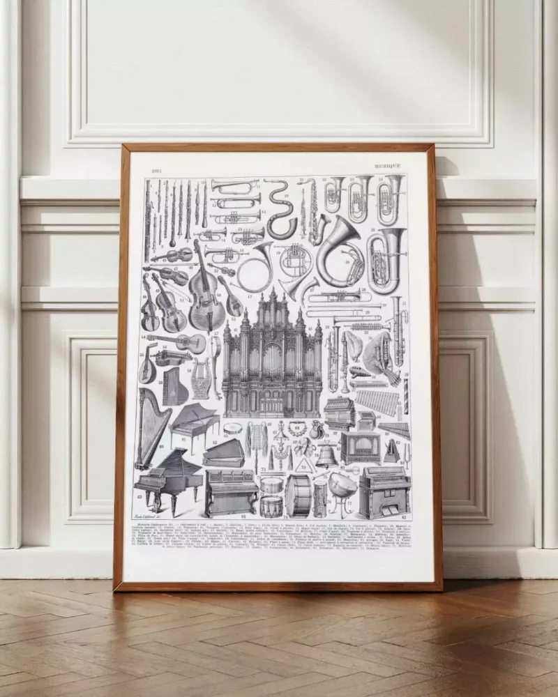 Instruments de musique, planche originale 1930 – planche encadrée en décoration murale
