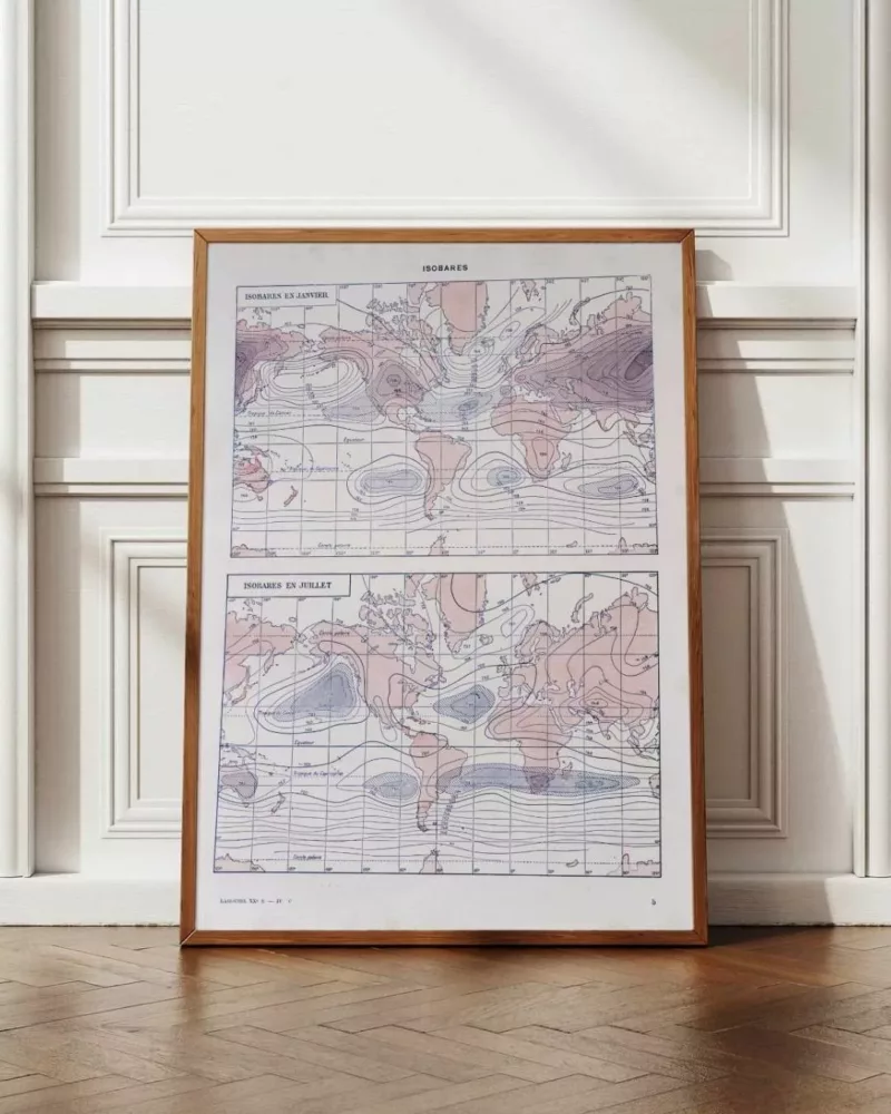 Climat du monde, isobares et isothermes, carte 1930 – planche encadrée en décoration murale