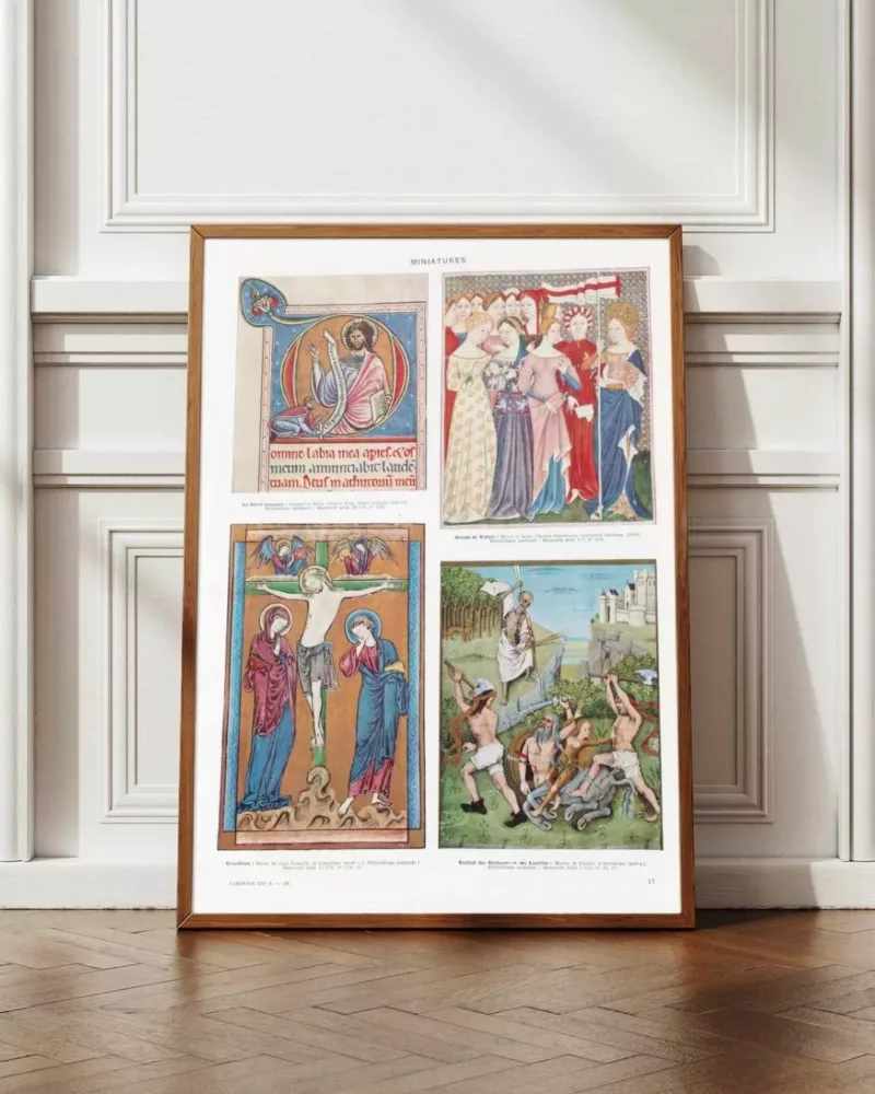 Miniatures médiévales XIIe-XVe siècle, planche 1930 – planche encadrée en décoration murale