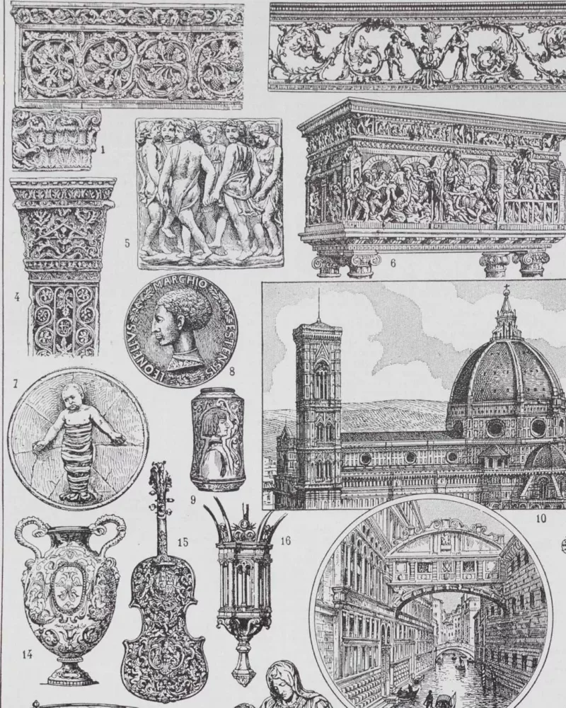 A13-10 Renaissance italienne, Michel-Ange, Donatello et Cellini, planche 1930 – détail de la planche ancienne