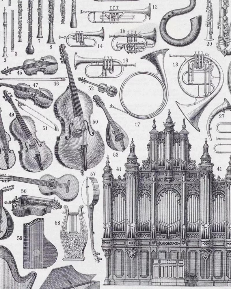 Instruments de musique, planche originale 1930 – détail de la planche ancienne