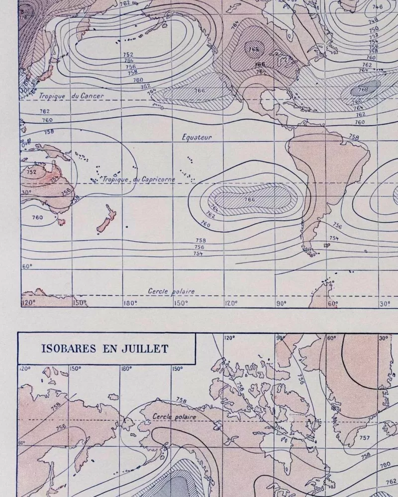 Climat du monde, isobares et isothermes, carte 1930 – détail de la planche ancienne