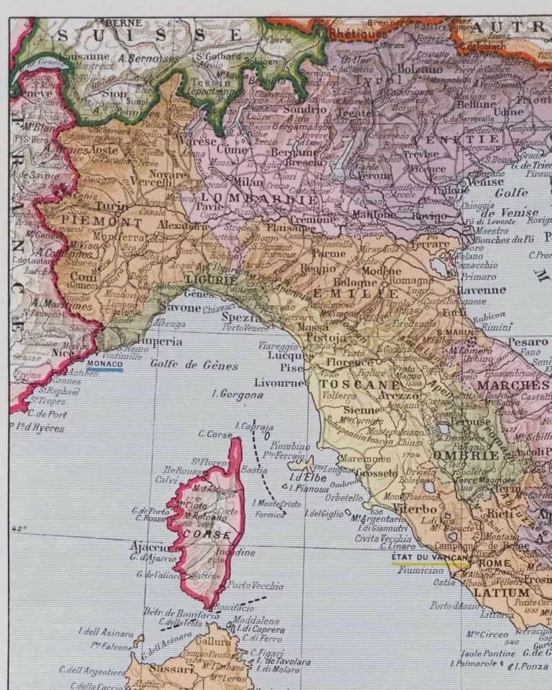 A13-9-italie Italie, carte historique en couleurs, planche 1930 – détail de la planche ancienne