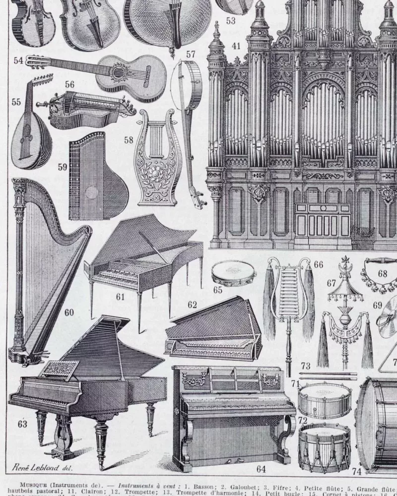 Instruments de musique, planche originale 1930 – détail de la planche ancienne