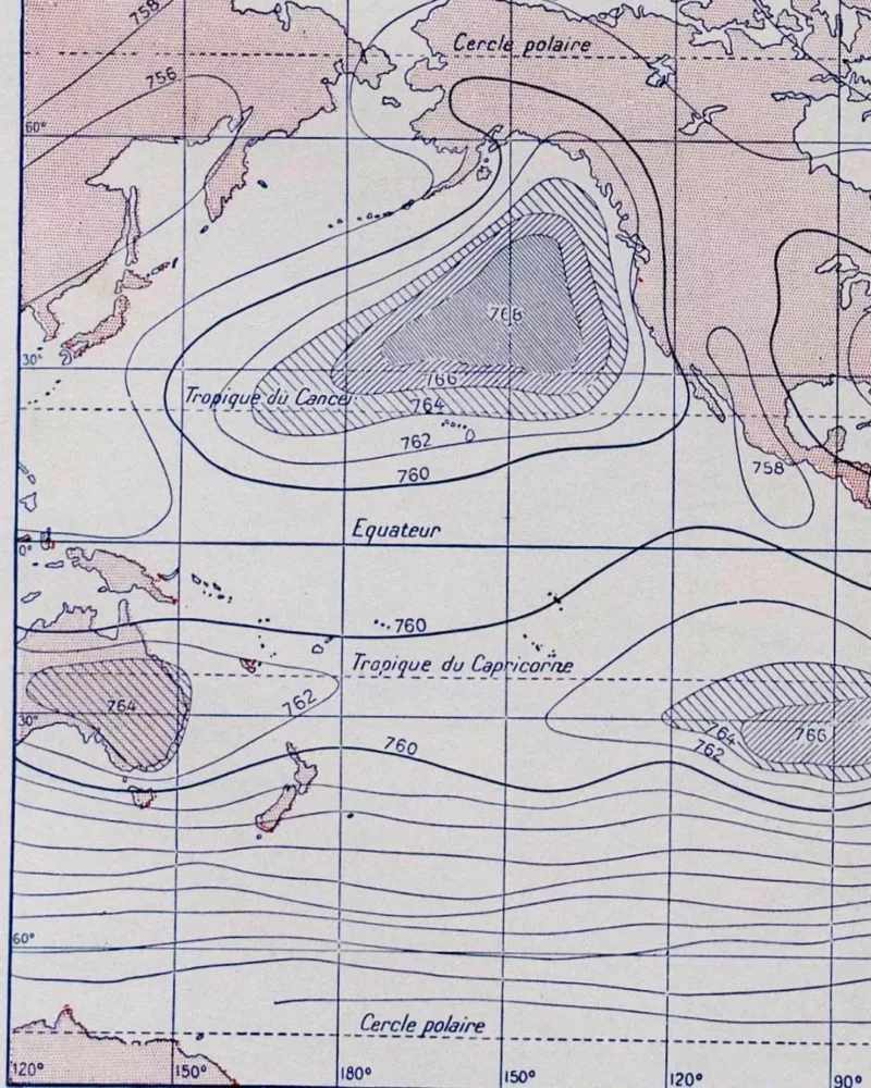 Climat du monde, isobares et isothermes, carte 1930 – détail de la planche ancienne