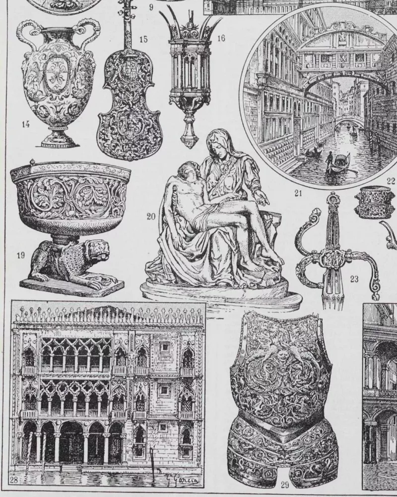 A14-9 Renaissance italienne, Michel-Ange, Donatello et Cellini, planche 1930 – détail de la planche ancienne