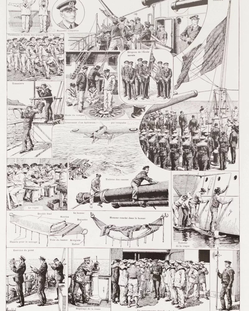 A20-1 Marine française, uniformes 1690-1930, planche 1930 – verso du document ancien