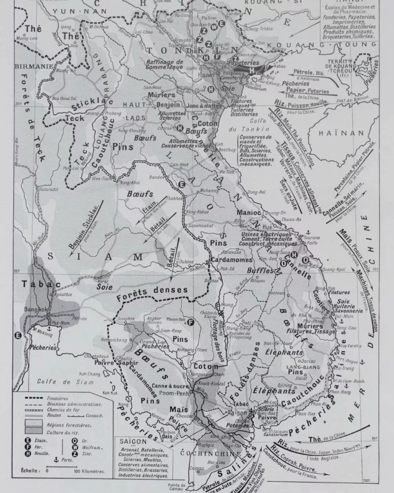 Indochine française, cartes et économie, planche 1930 – verso du document ancien