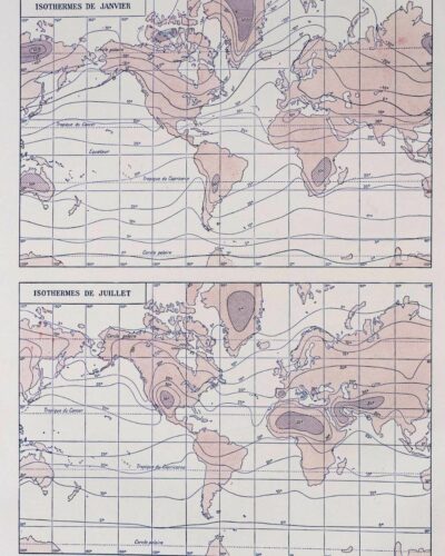 Climat du monde, isobares et isothermes, carte 1930