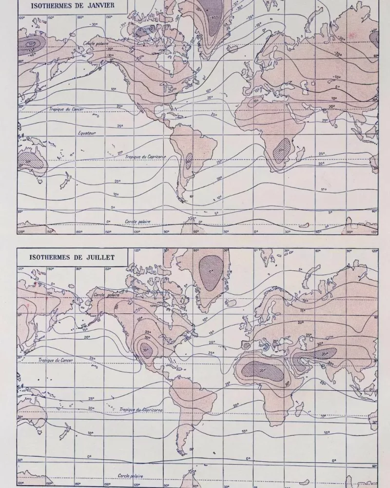 Climat du monde, isobares et isothermes, carte 1930 – verso du document ancien