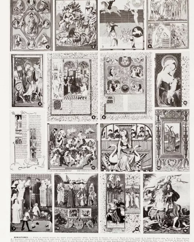 Miniatures médiévales XIIe-XVe siècle, planche 1930 – verso du document ancien